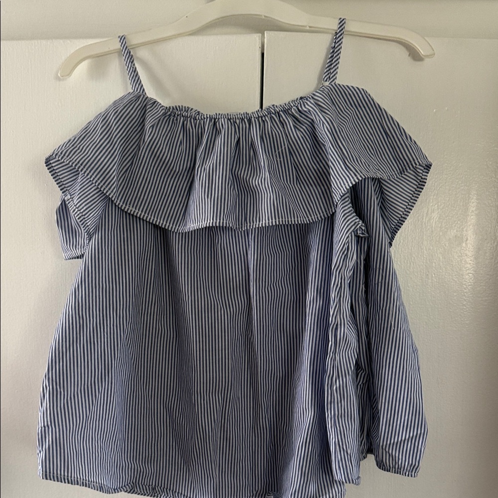 iris Blue and White Striped Off-Shoulder Ruffle Camisole